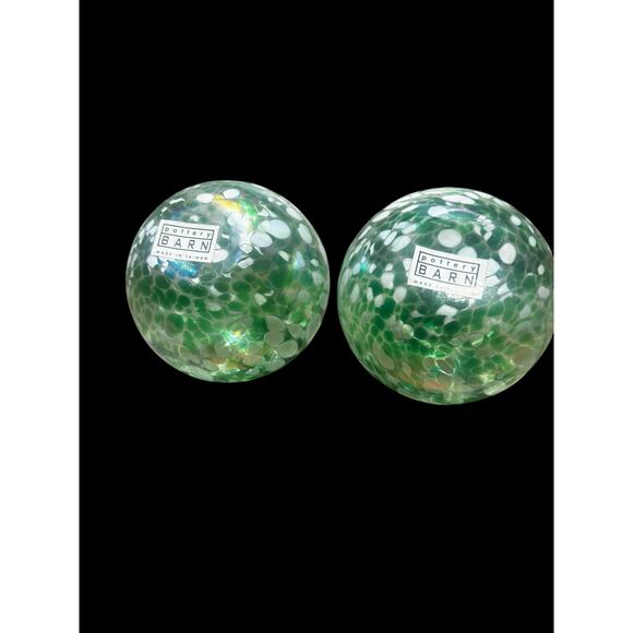 Pottery Barn Pair of Art Glass Globes Green Iridescent  Swirl Oil Lamp No Wick - Picture 4 of 8
